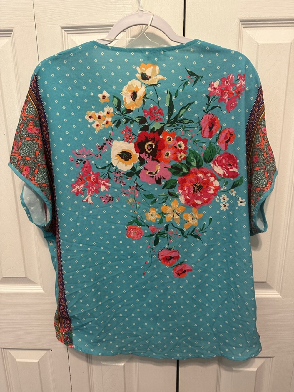 UMGEE Mixed Floral Print V-Neck Short Sleeve Top in Aqua Large - Picture 4 of 5